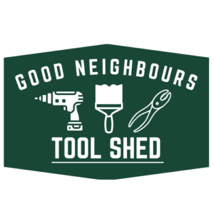 Good Neighbours Tool Shed logo, text and a power drill, paint brush and pair of pliers in white on a green background
